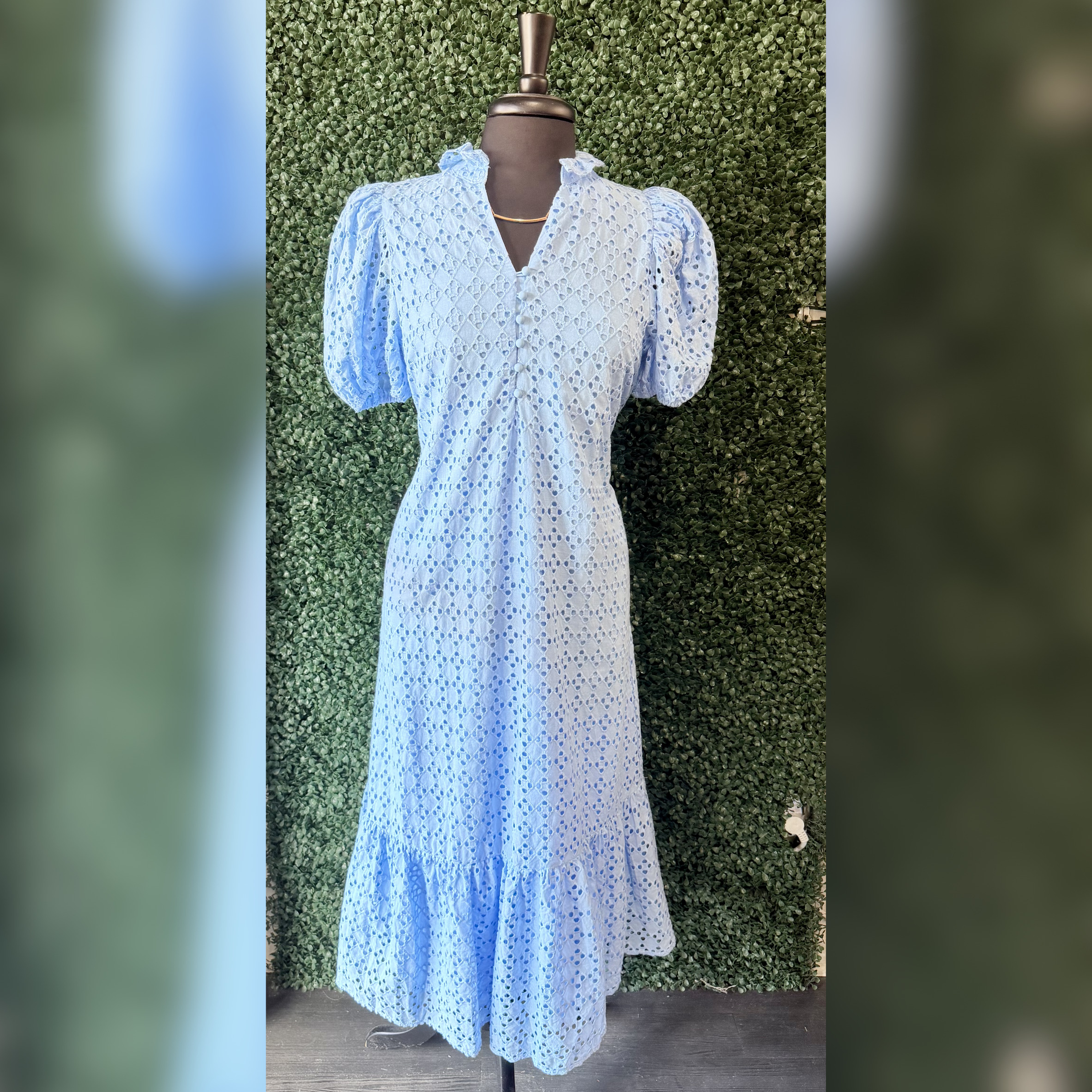 Eyelet Puff Sleeve Midi Dress