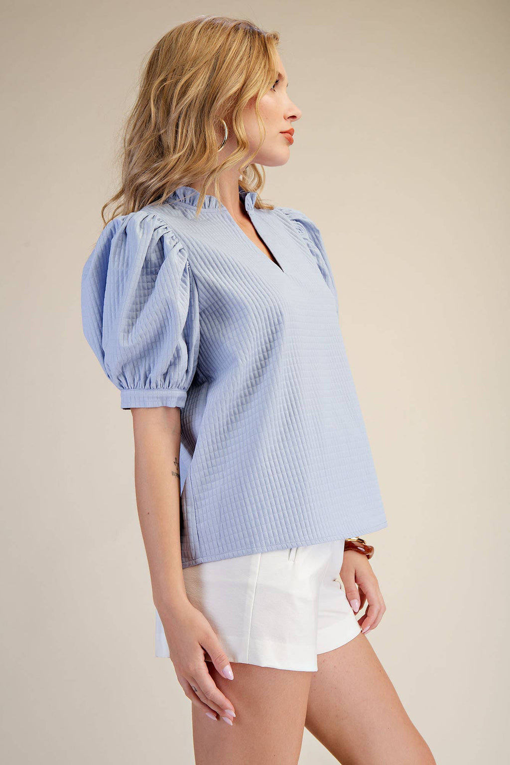 Ruffle V-Neck Puff Sleeve Top