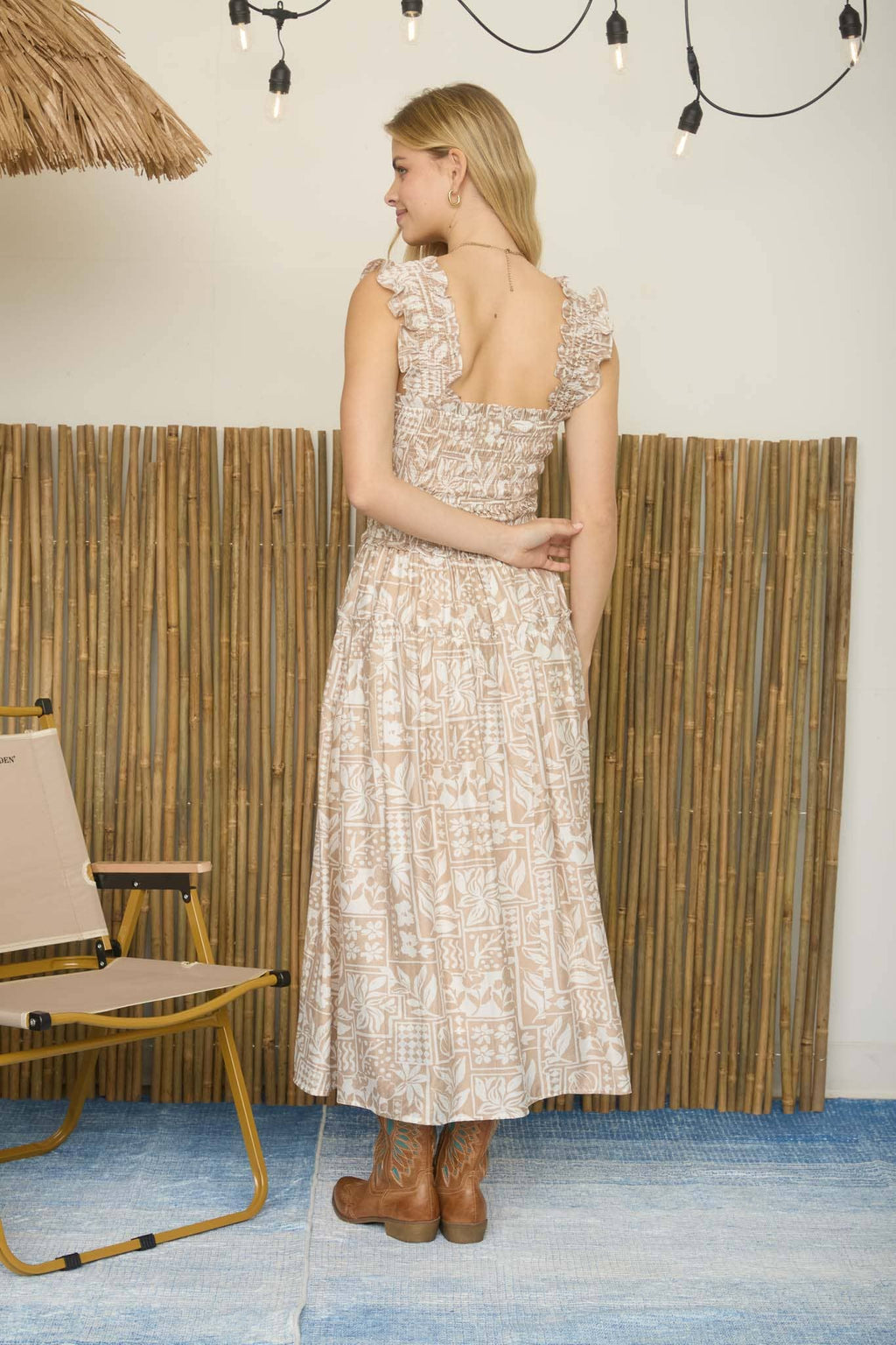 Patterned Smocked Ruffle Strap Midi Dress
