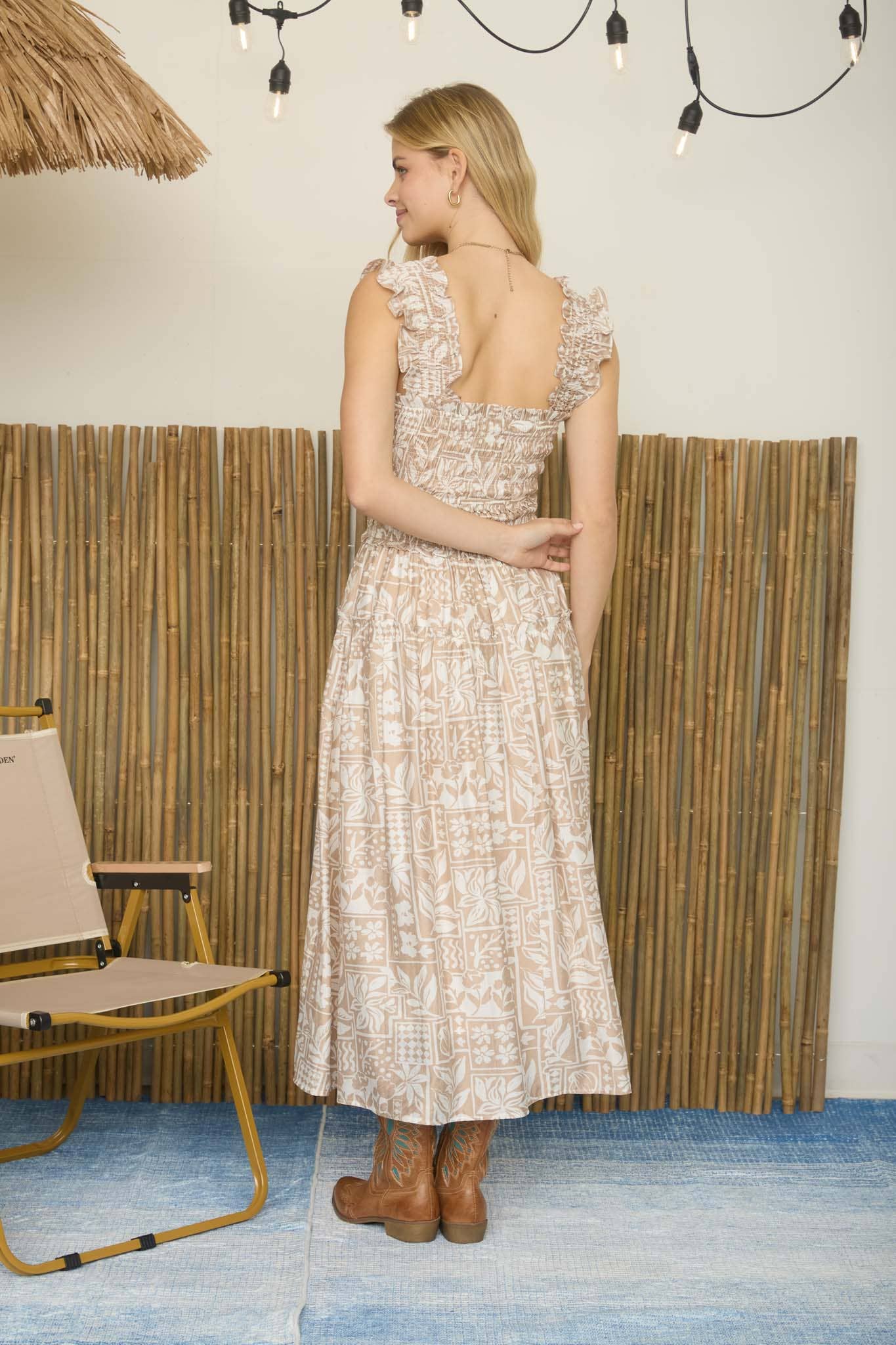 Patterned Smocked Ruffle Strap Midi Dress