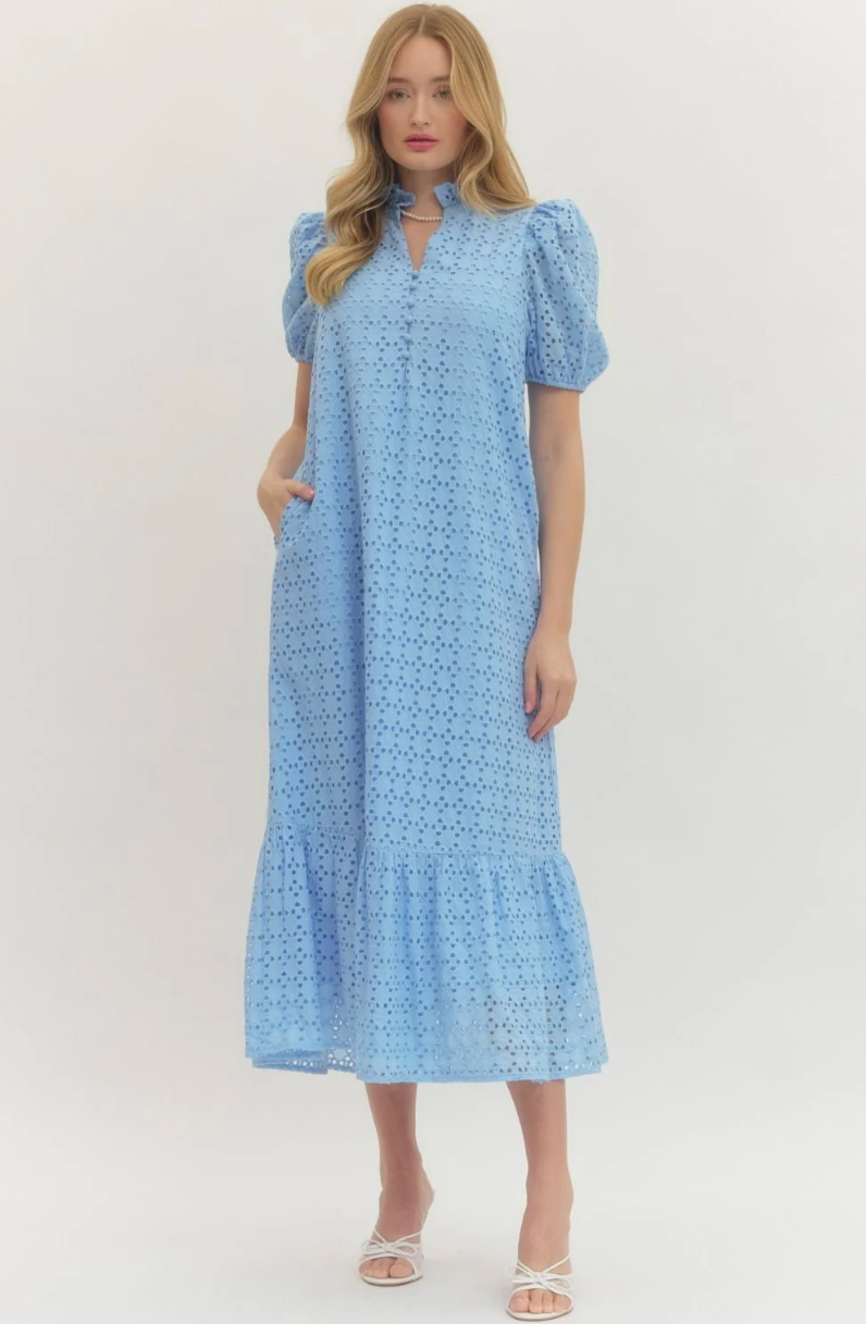 Eyelet Puff Sleeve Midi Dress